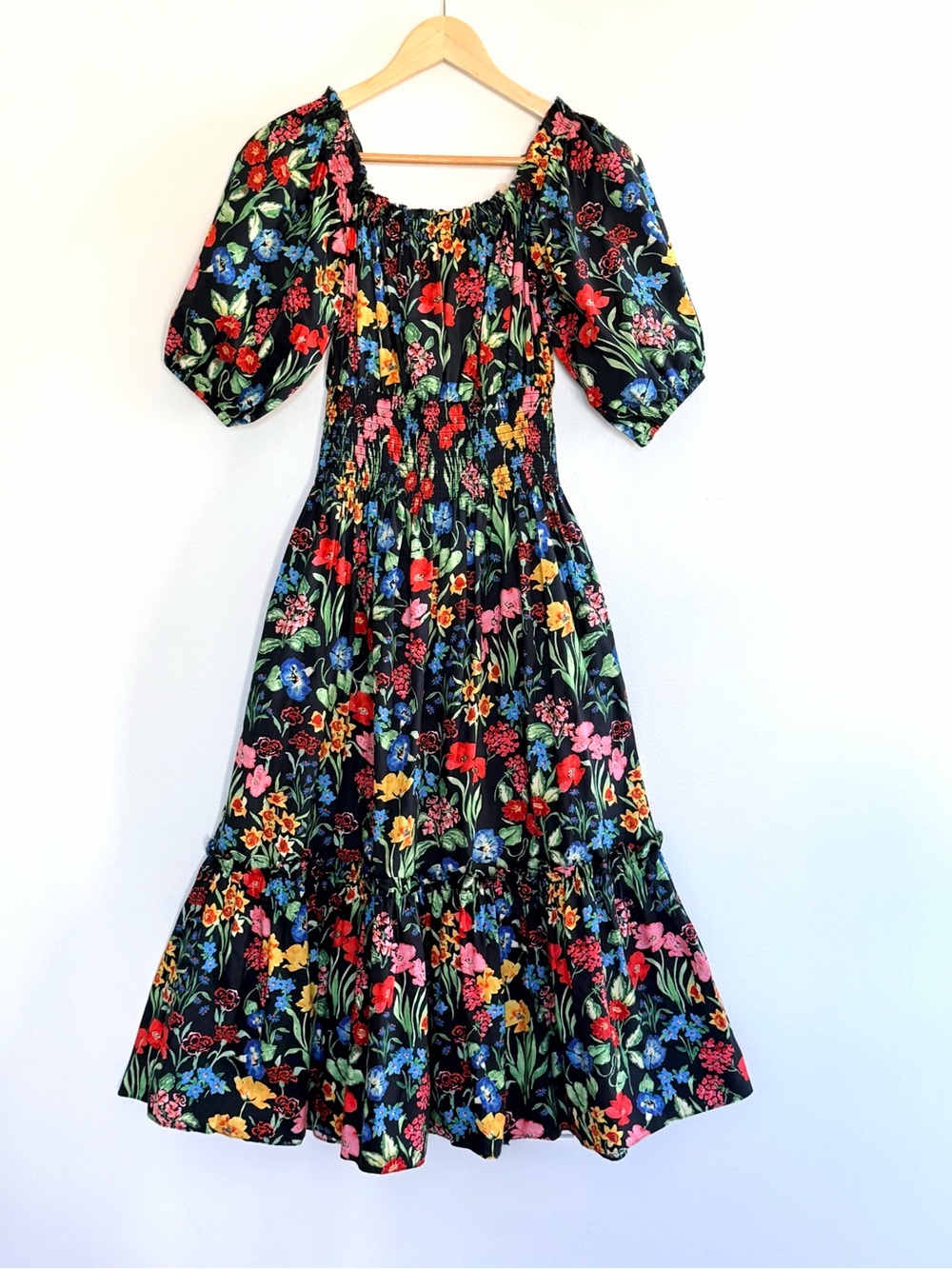Cara Cara Mimi Floral Garden Black Cotton Poplin Midi Dress S